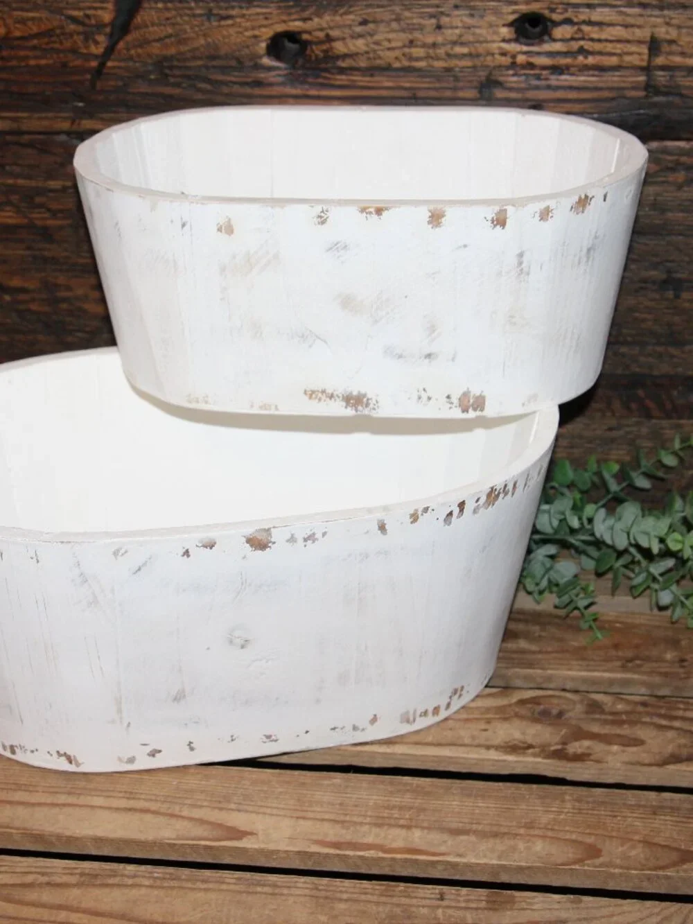 Pair of Large White Shabby Distressed Oval Wood Farmhouse Planter Buckets